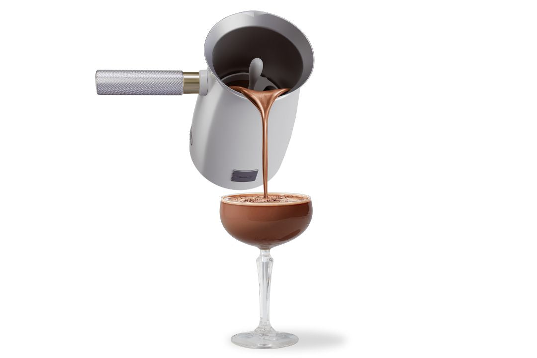 Closeup of a Hot Chocolate cocktail on white background | Velvetiser hot chocolate maker Hotel Chocolat
