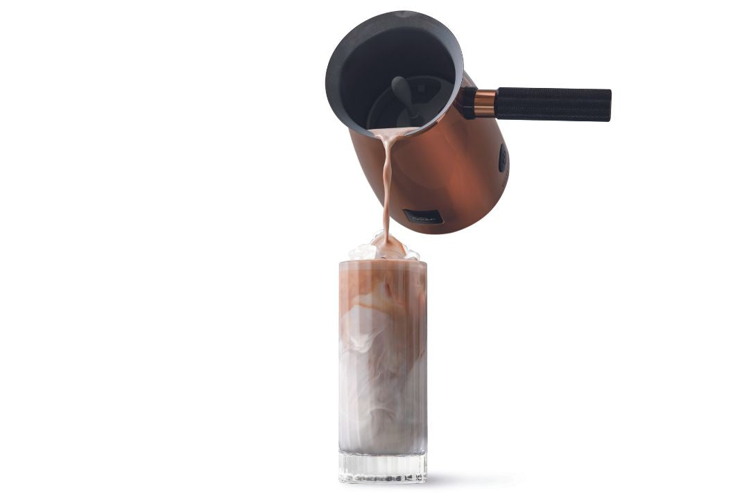 Closeup of an iced hot chocolate being poured | Hotel Chocolat Velvetiser hot chocolate maker
