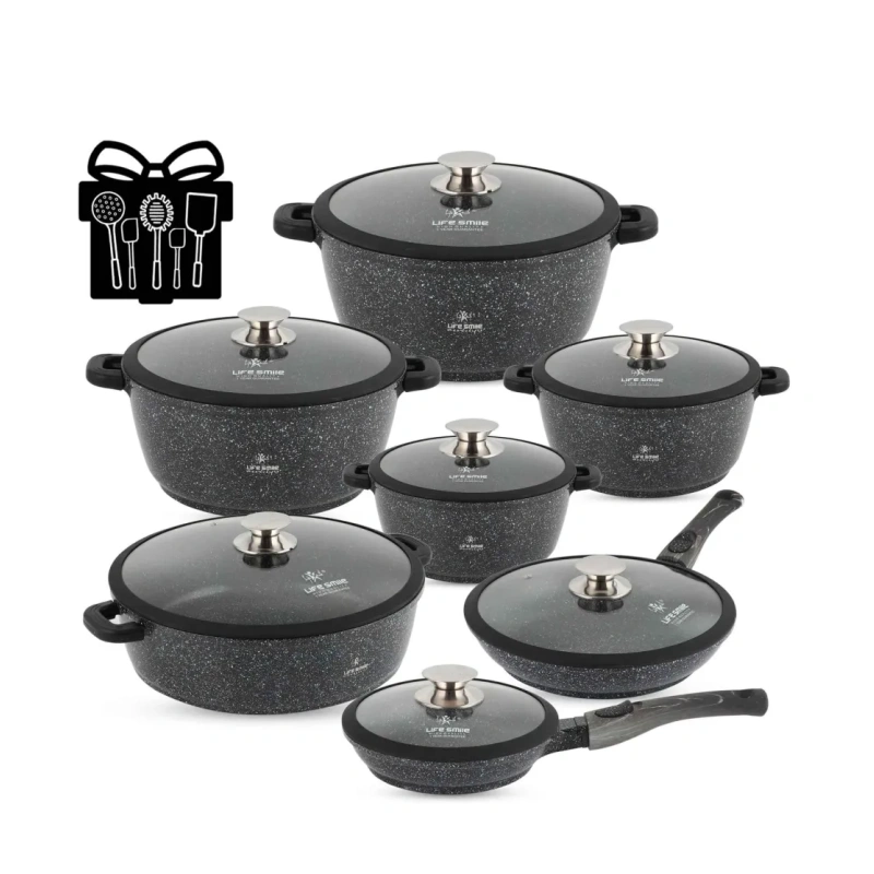 Last Chance Flash Sale-Cookware Set 19 pieces with Multiple Layer Granite Coating, Black