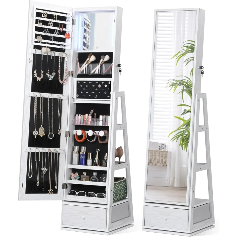 360° Swivel Jewelry Cabinet with Lights, Touch Screen Vanity Mirror