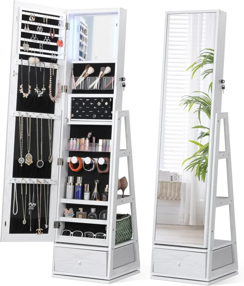 360° Swivel Jewelry Cabinet with Lights, Touch Screen Vanity Mirror