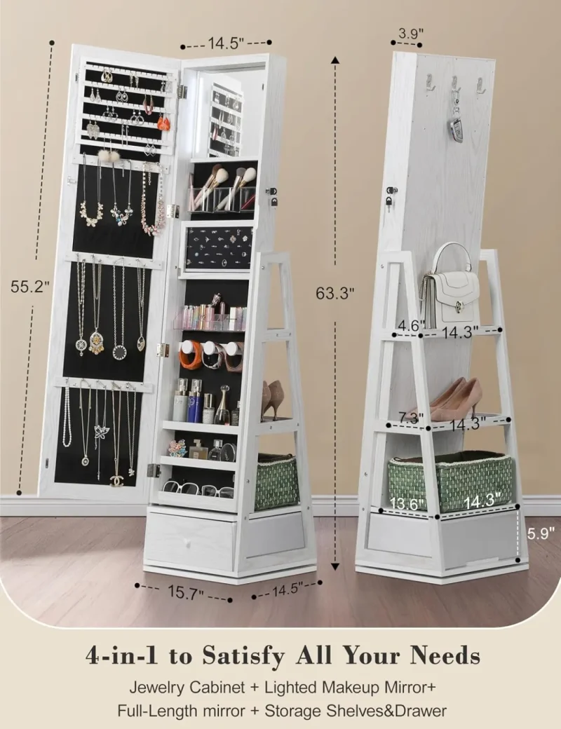 360° Swivel Jewelry Cabinet with Lights, Touch Screen Vanity Mirror - Image 2