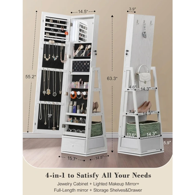 360° Swivel Jewelry Cabinet with Lights, Touch Screen Vanity Mirror - Image 2