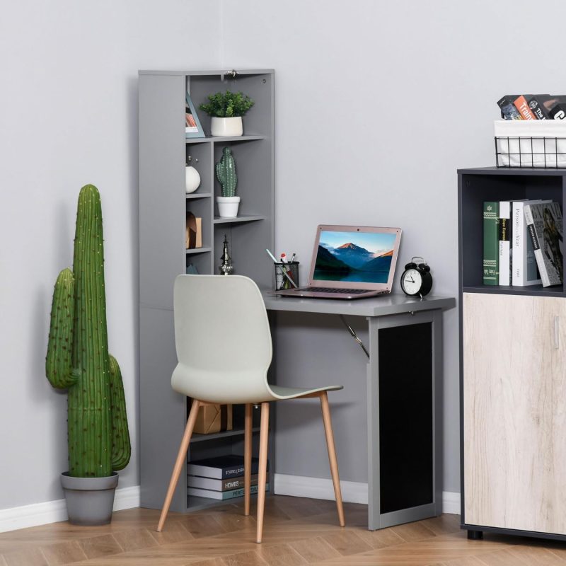 HOMCOM Fold-out Convertible Writing Table Wall Mount Desk Cabinet with Blackboard and Side Shelf Multi-Function Home Office Workstation - Image 9