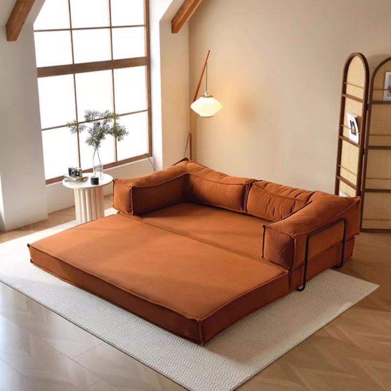 Arm Corduroy Fabric Rectangle Convertible Sofa in Caramel