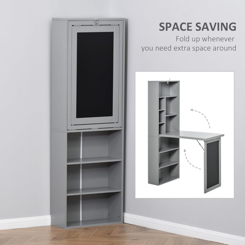 HOMCOM Fold-out Convertible Writing Table Wall Mount Desk Cabinet with Blackboard and Side Shelf Multi-Function Home Office Workstation - Image 6