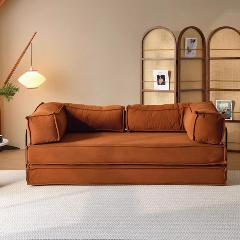 Arm Corduroy Fabric Rectangle Convertible Sofa in Caramel - Image 5