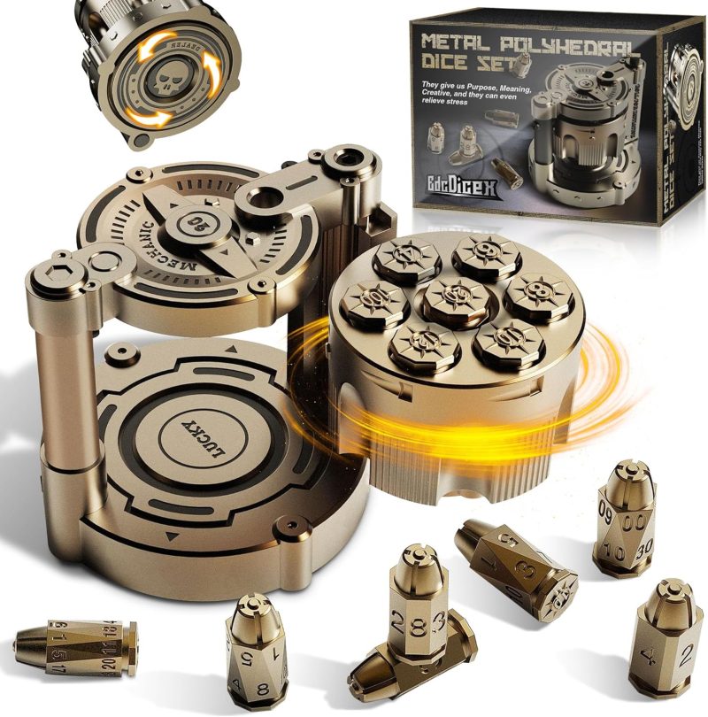 Metal Dice Set of 7, Rotatable Bullet Dice Set Revolver Storage Container