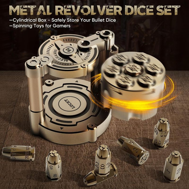 Metal Dice Set of 7, Rotatable Bullet Dice Set Revolver Storage Container - Image 3