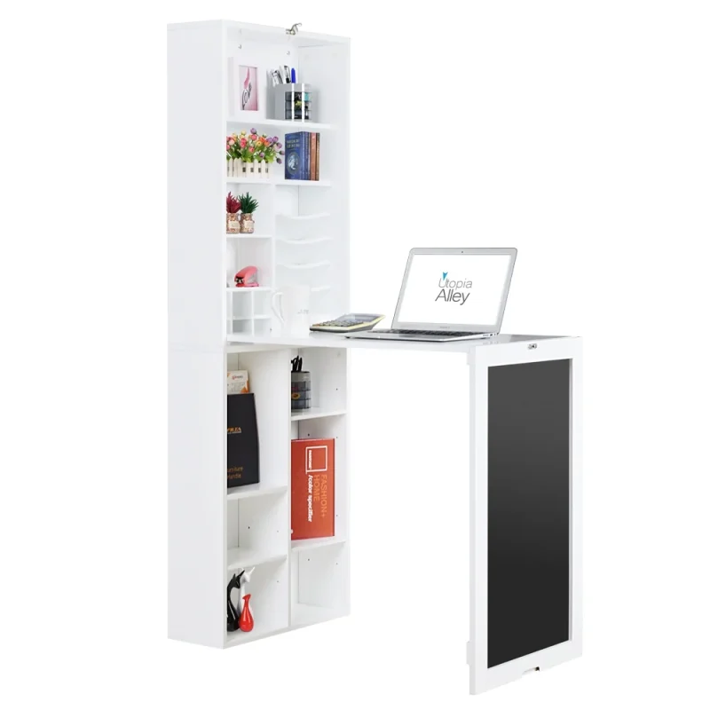 HOMCOM Fold-out Convertible Writing Table Wall Mount Desk Cabinet with Blackboard and Side Shelf Multi-Function Home Office Workstation
