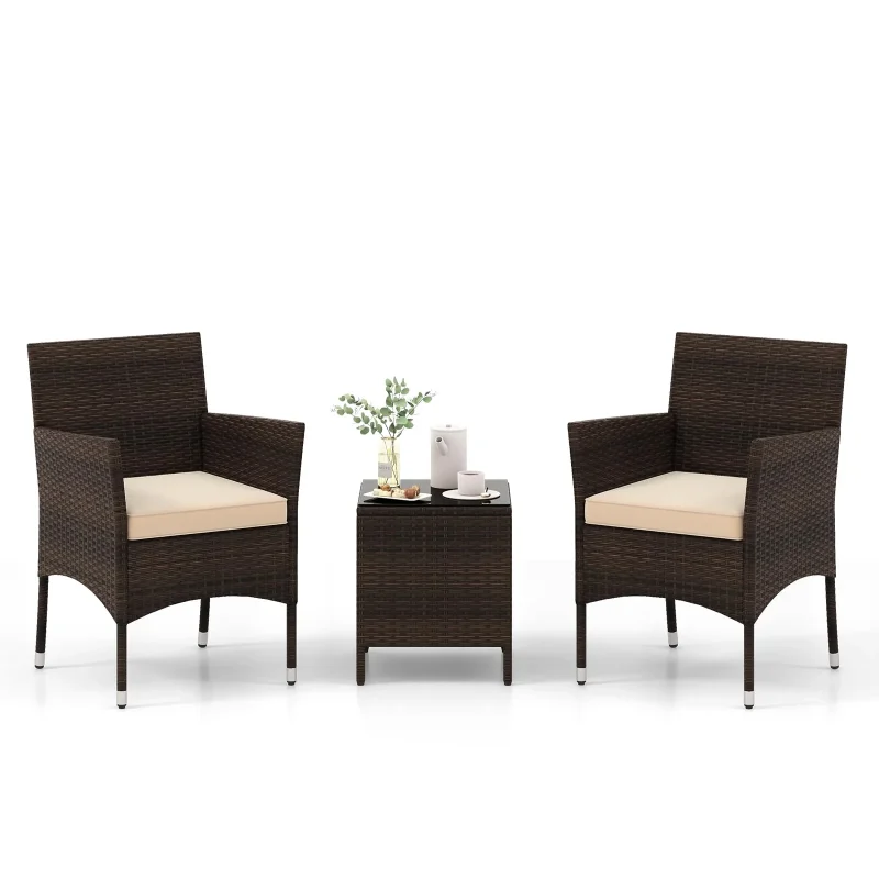 3 Pieces Patio Rattan Furniture Set, Outdoor Conversation Set with PE Wicker Armchairs