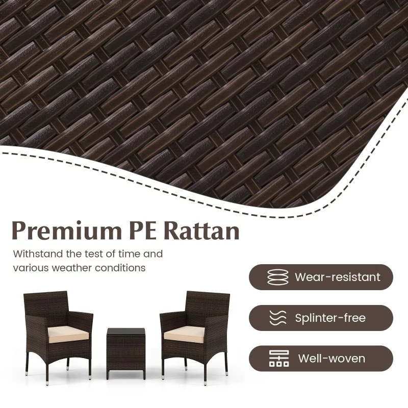 3 Pieces Patio Rattan Furniture Set, Outdoor Conversation Set with PE Wicker Armchairs - Image 5