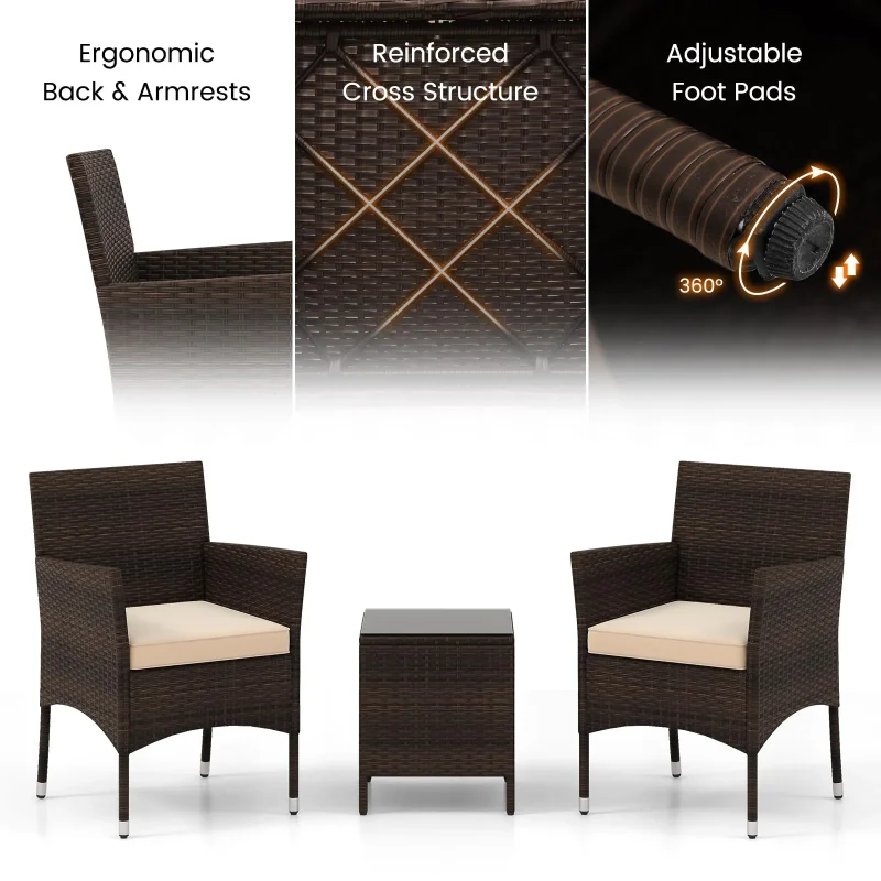 3 Pieces Patio Rattan Furniture Set, Outdoor Conversation Set with PE Wicker Armchairs - Image 7