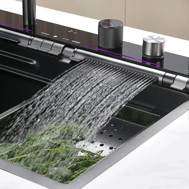 Lefton 33x22 Inch Waterfall Faucet Kitchen Sink with Digital Temperature Display LED Lighting - Image 4