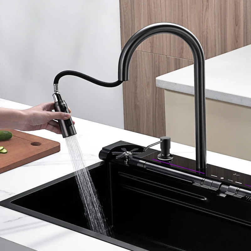 Lefton 33x22 Inch Waterfall Faucet Kitchen Sink with Digital Temperature Display LED Lighting - Image 8