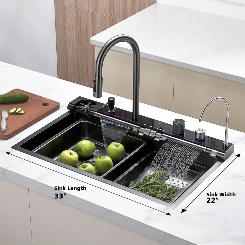Lefton 33x22 Inch Waterfall Faucet Kitchen Sink with Digital Temperature Display LED Lighting - Image 2