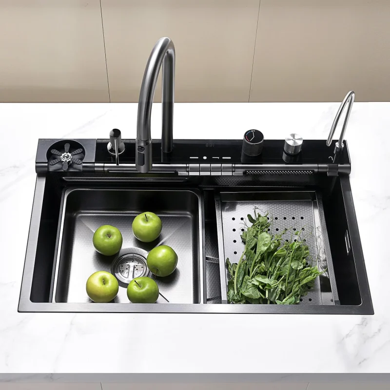 Lefton 33x22 Inch Waterfall Faucet Kitchen Sink with Digital Temperature Display LED Lighting - Image 3