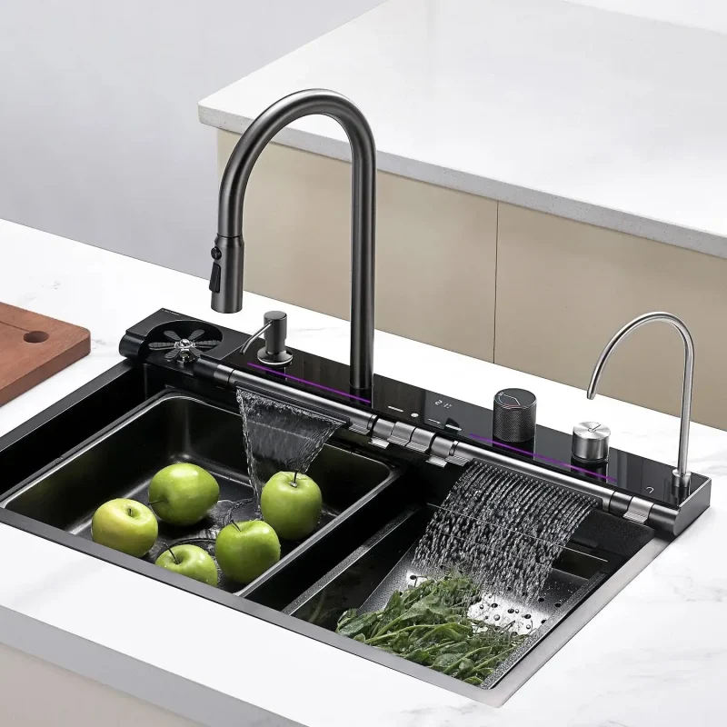 Lefton 33x22 Inch Waterfall Faucet Kitchen Sink with Digital Temperature Display LED Lighting
