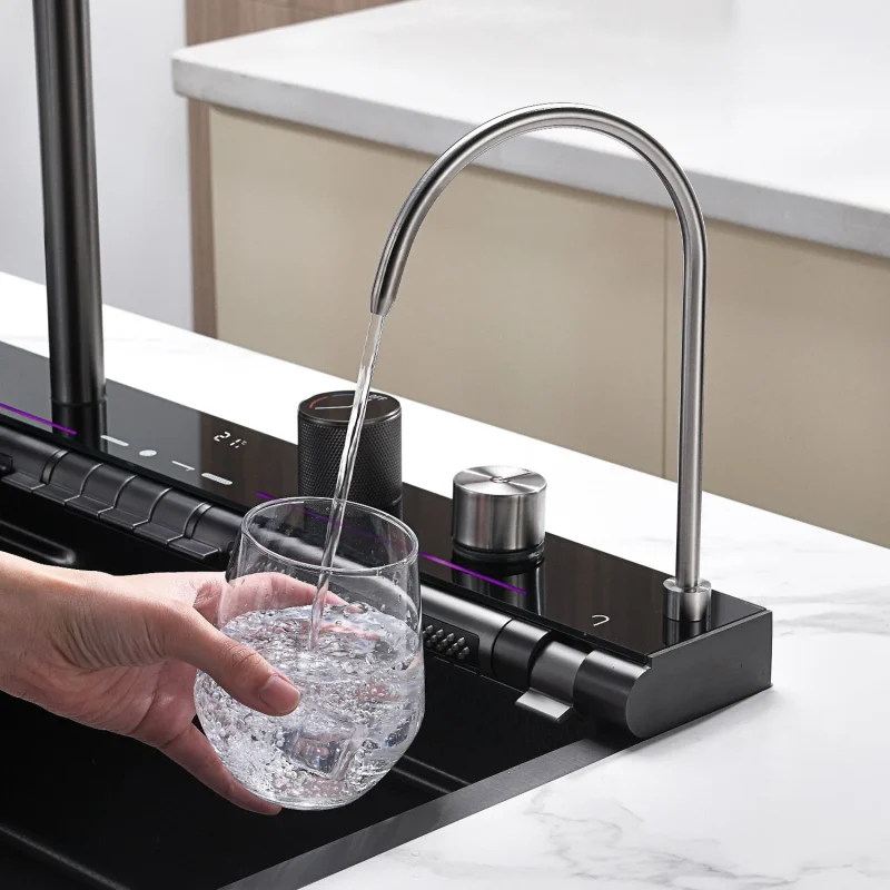 Lefton 33x22 Inch Waterfall Faucet Kitchen Sink with Digital Temperature Display LED Lighting - Image 10