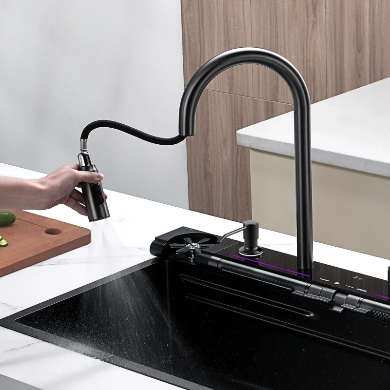 Lefton 33x22 Inch Waterfall Faucet Kitchen Sink with Digital Temperature Display LED Lighting - Image 7