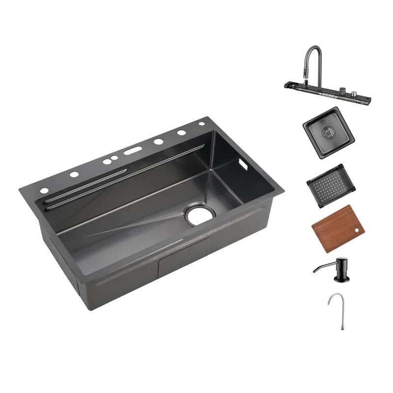 Lefton 33x22 Inch Waterfall Faucet Kitchen Sink with Digital Temperature Display LED Lighting - Image 12