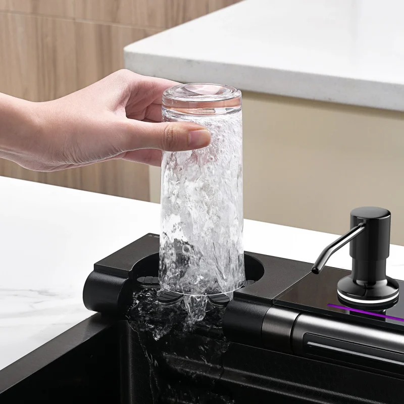 Lefton 33x22 Inch Waterfall Faucet Kitchen Sink with Digital Temperature Display LED Lighting - Image 9
