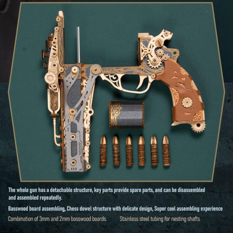 3D Wooden Revolver with Wooden Bullets Puzzle Kits - Image 6